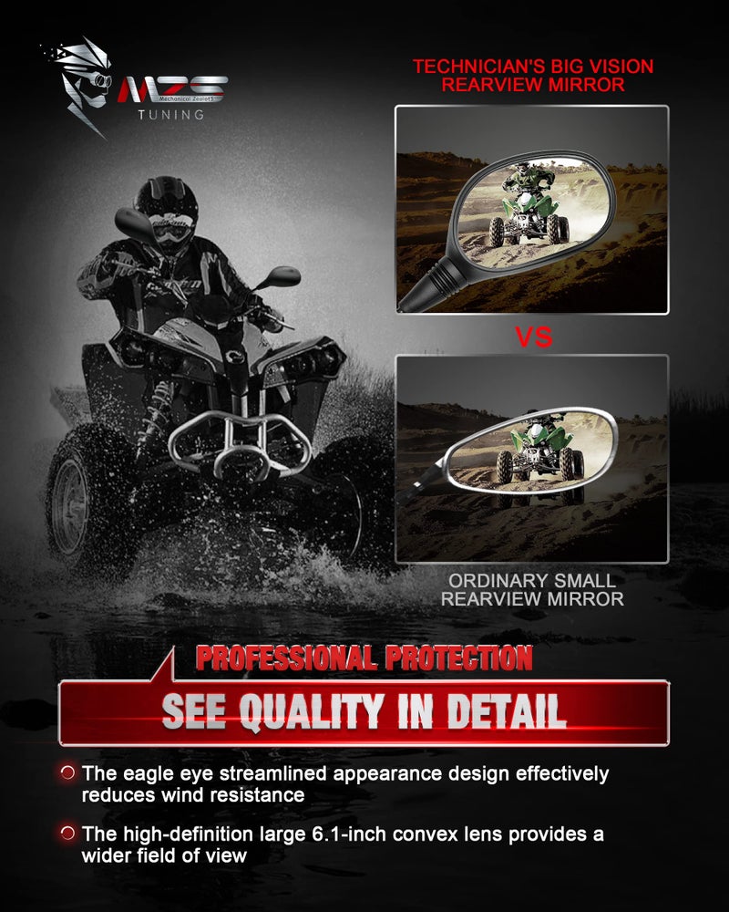 MZS ATV Mirrors with Aluminum Mounts, 8MM 10MM Motorcycle Handlebar Side Mirror Rear View Accessories Compatible with Motorbike Street Adventure Dirt Bike E-Bike Snowmobile Scooter Moped GY6 Quad - Image 4